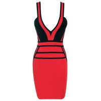 Hollow Out Dropped-Waist Stripes Pattern Packet Buttock Imitated Silk Color Matching Bandage Dress For Women